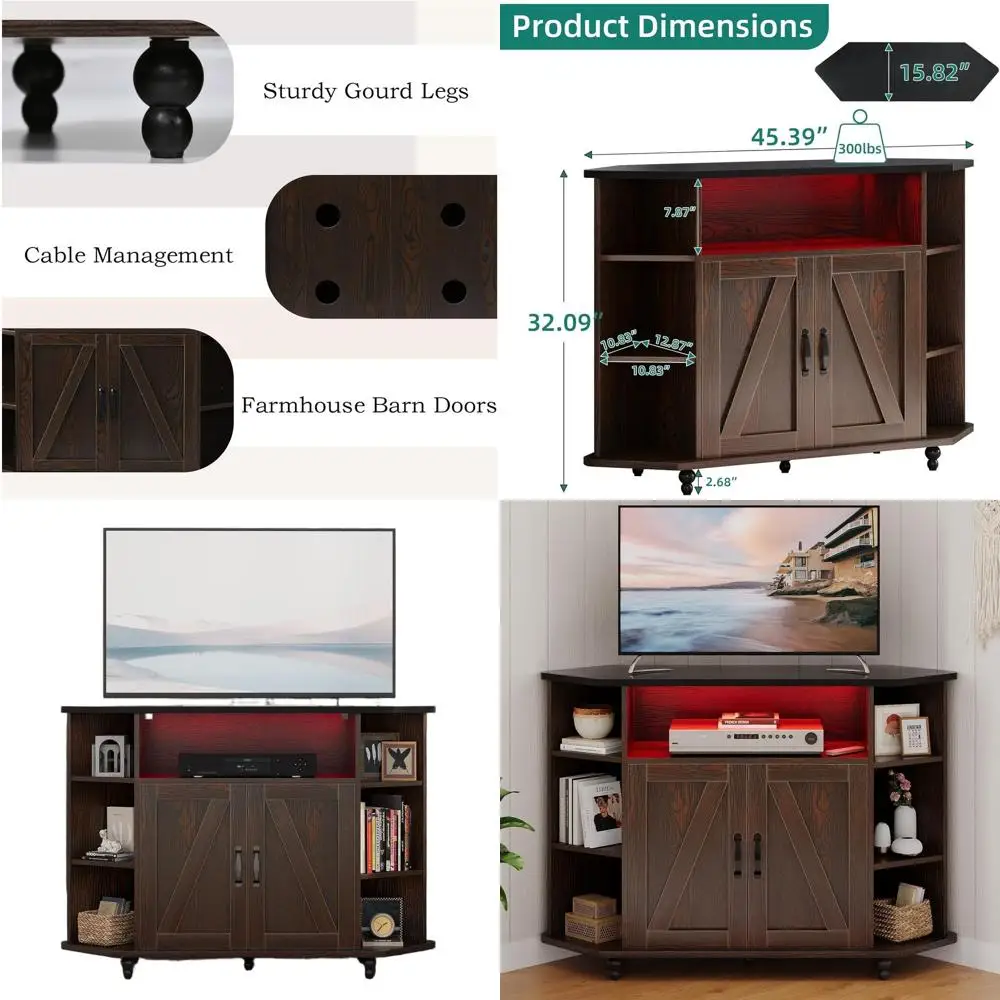 

Угловая тумба под телевизор в стиле фермерского дома со светодиодной подсветкой, для экранов до 50 дюймов, регулируемые полки, дизайн в стиле амбарных дверей, коричневый и черный цвета, для гостиной