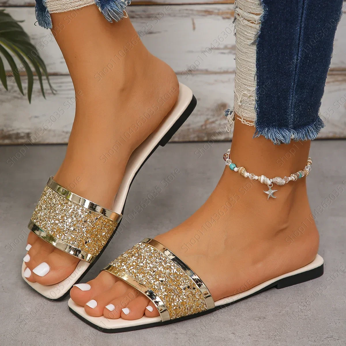 

Summer Sandals Women 2025 New Summer Flat Sandals Shoes Female Designer Square Toe Bling Luxury Slippers Women Shoes for Women