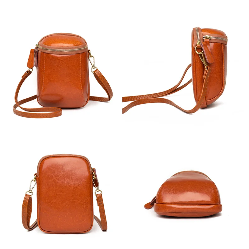 Vintage Oil Wax Cow Leather Shoulder Crossbody Bag for Women High Quality Genuine Leather Mini Ladies Mobile Phone Bag and Purse