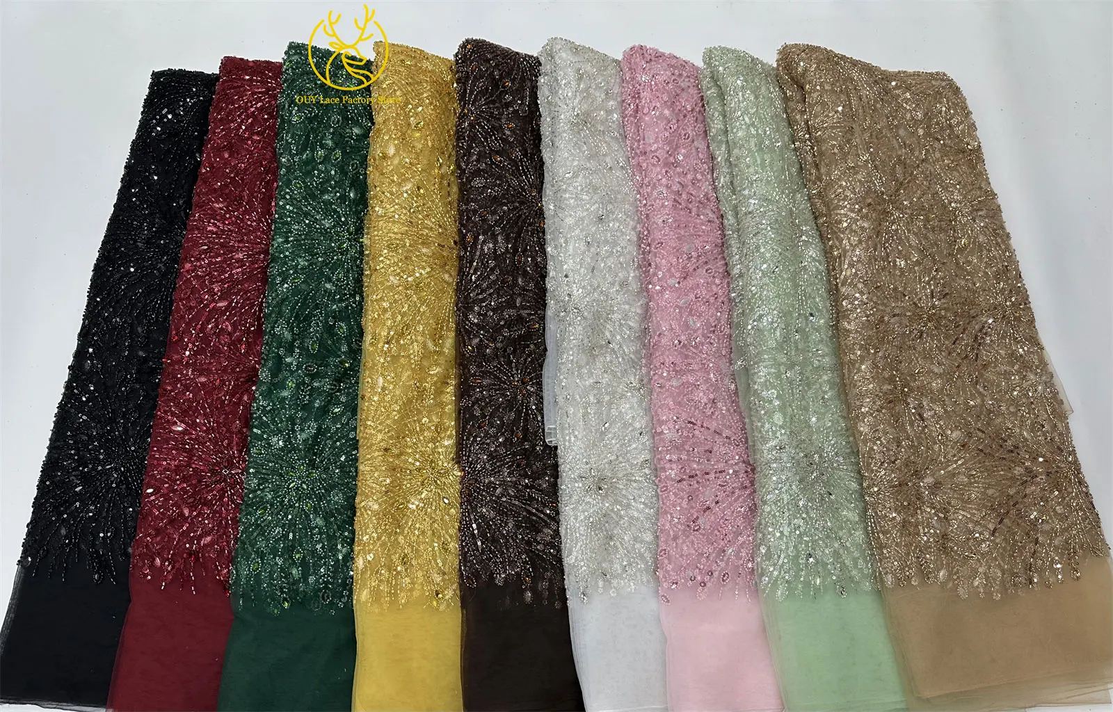 Goldene französische Edelstein-Perlenstickerei-Spitze, hochwertige nigerianische Mesh-Pailletten-Tüllspitze, afrikanischer Spitzenstoff für Damenkleider – Detail 3