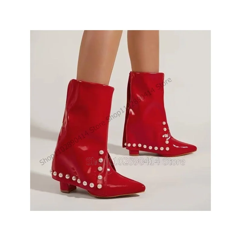 Botas puntiagudas de media pantorrilla Para mujer, Zapatos de tacón alto y grueso, con decoración de perlas, color rojo, 2023