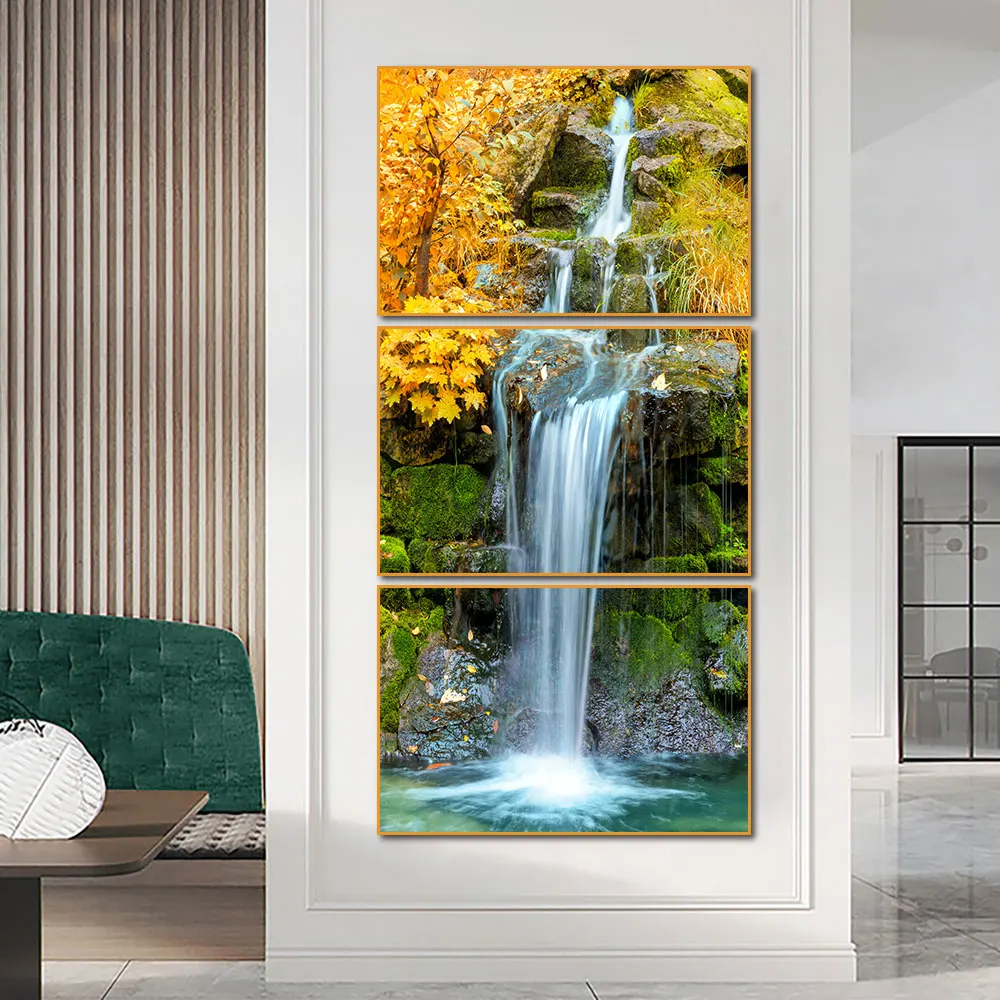 

Abstract 3 Panel Waterfall In Yellow Autumn Forest Canvas Painting Modern Landscape Posters And Prints Wall Art For Home Decor