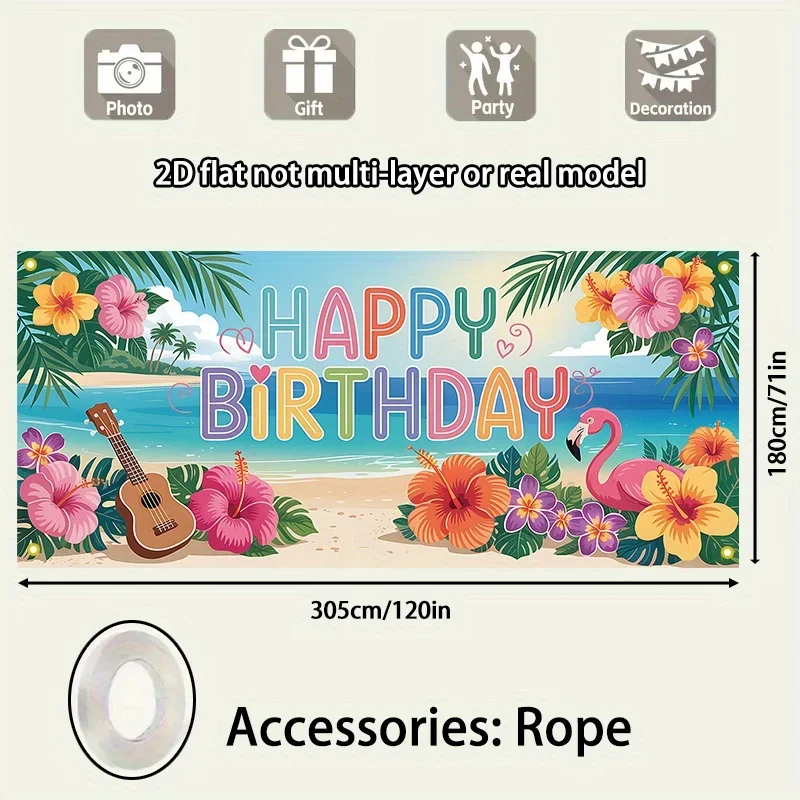 خطة ثنائية الأبعاد، علم حفلة شاطئ استوائي واحد - تصميم "عيد ميلاد سعيد" نابض بالحياة مع أشجار النخيل والرافعة والمناظر البحرية