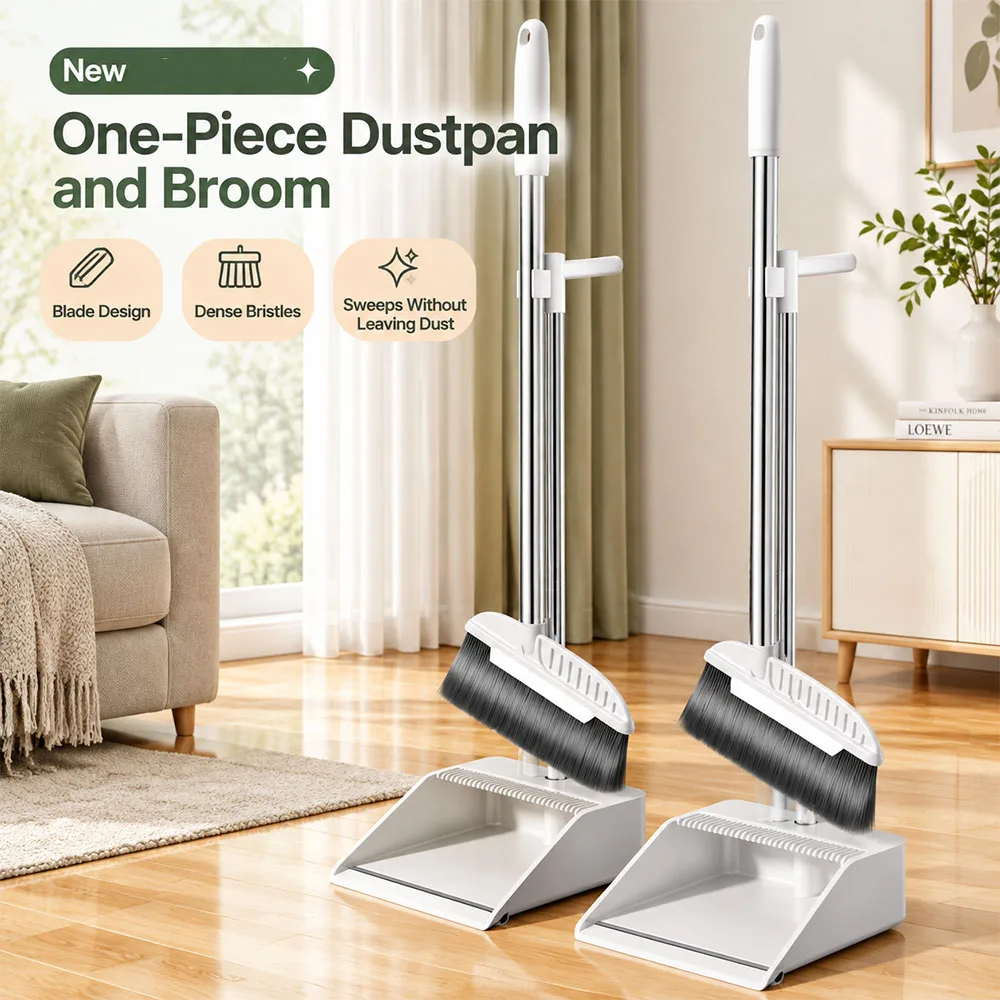 Upgraded Upright Dustpan and Broom Set 3 Layers Bristles, Broom and Dustpan Set with Scraping Teeth for Cleaning Human/Pet Hair