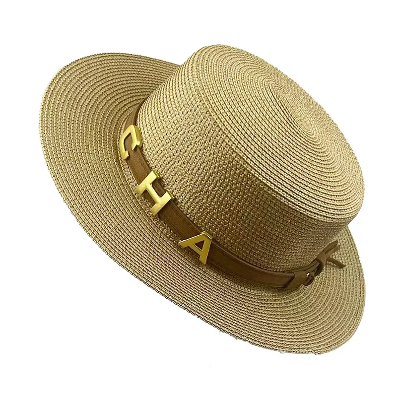 Women Straw Sun Hat Summer Outing Resort Rhinestone Chain Belt Personality Flat Top British Vintage Visor