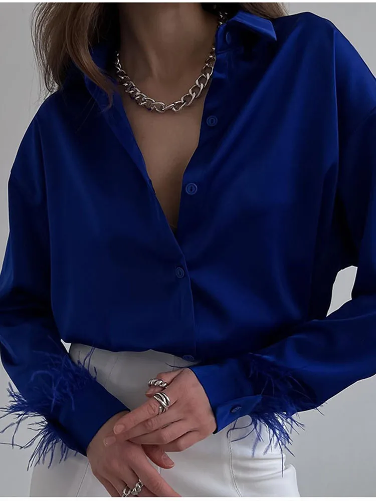 Elegant Shirts Blouses Women Spring Summer Long Sleeve Spliced Feathers Solid Ladies Tops Office Lady Silk Satin Casual Blouses