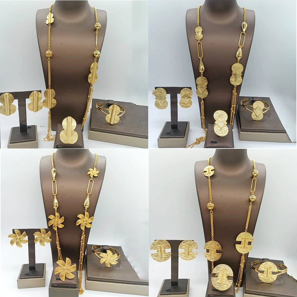 Women's Five Layer Trendy Long Chain Necklace Cuff Bangle Set