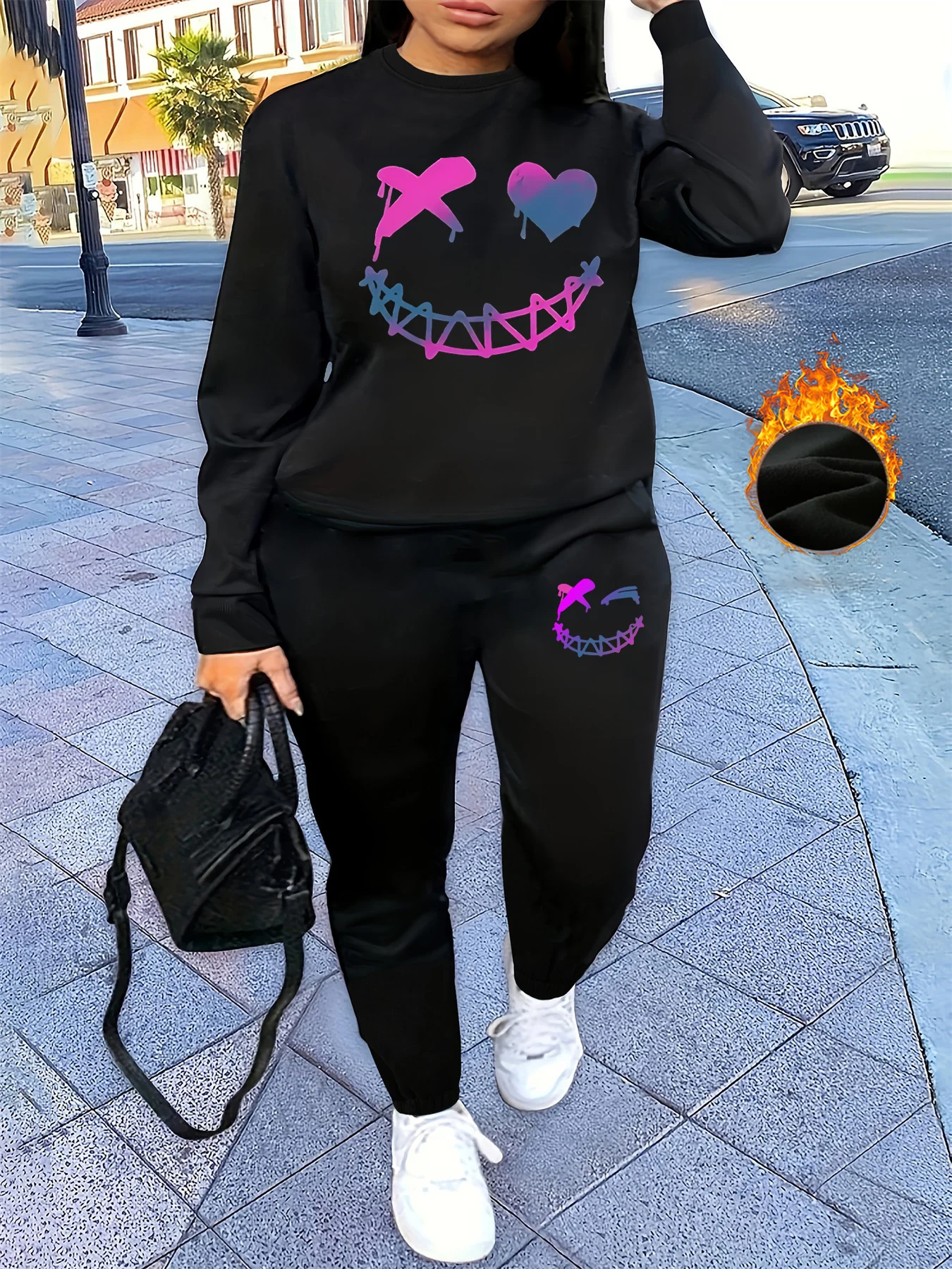 

Women's Autumn/Winter Hip Hop Leisure Street Paris Letter Printed Round Neck Sweatshirt+Sweatpants Set Warm Clothing