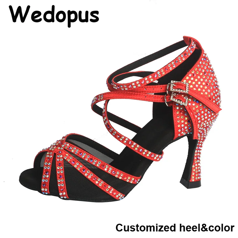 Wedopus 9CM Ballroom Dance Training Shoes Red Satin with Crystals Suede Sole Dance Sandals Open Toe Wedding Party Evening Shoes