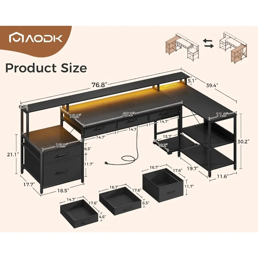 L Shaped Desk with 5 File Drawers 75 Reversible L Shaped Computer Desk with Power Outlet LED Strip Office Desk with Storage She