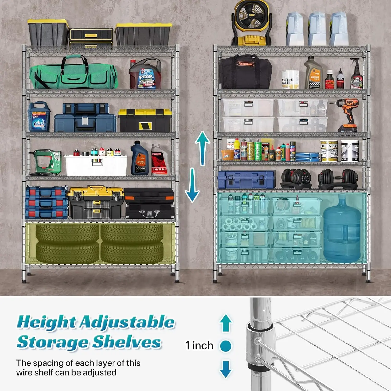 ชั้นวางของ 6 ชั้นชั้นวางลวดโลหะพร้อมล้อ,ความจุน้ําหนัก 6000LBS Heavy Duty NSF ความสูงปรับโรงรถเธอ