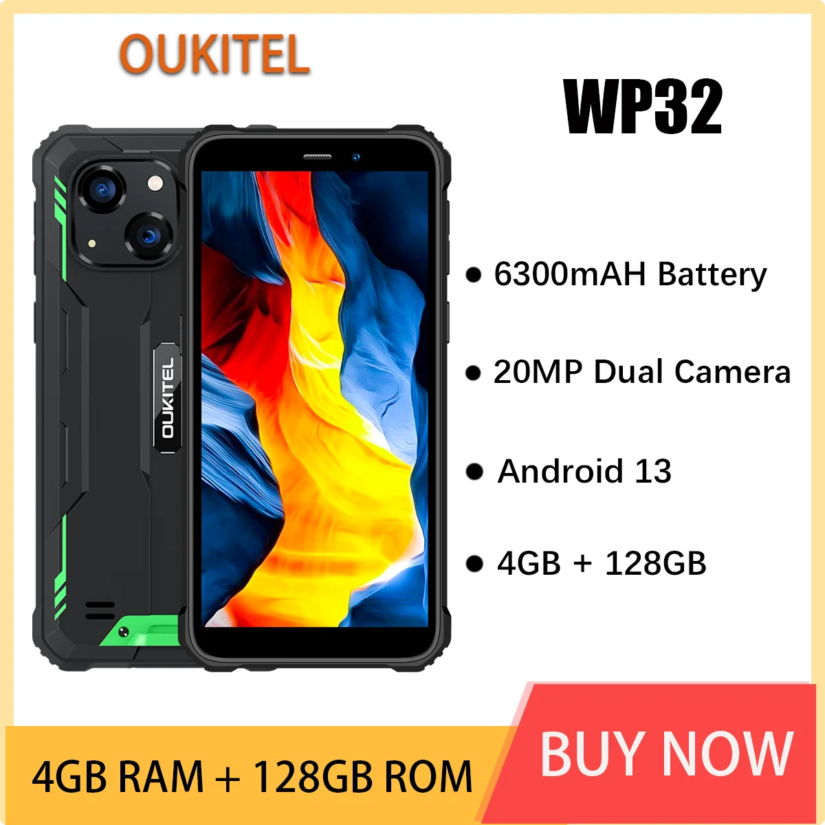 Oukitel-WP32 สมาร์ทโฟนที่ทนทาน, แบตเตอรี่ 6300mAh, 5.93 ''FHD + จอแสดงผลโทรศัพท์มือถือ, Android 13, กล้อง 20MP, NFC, 4GB + 128GB