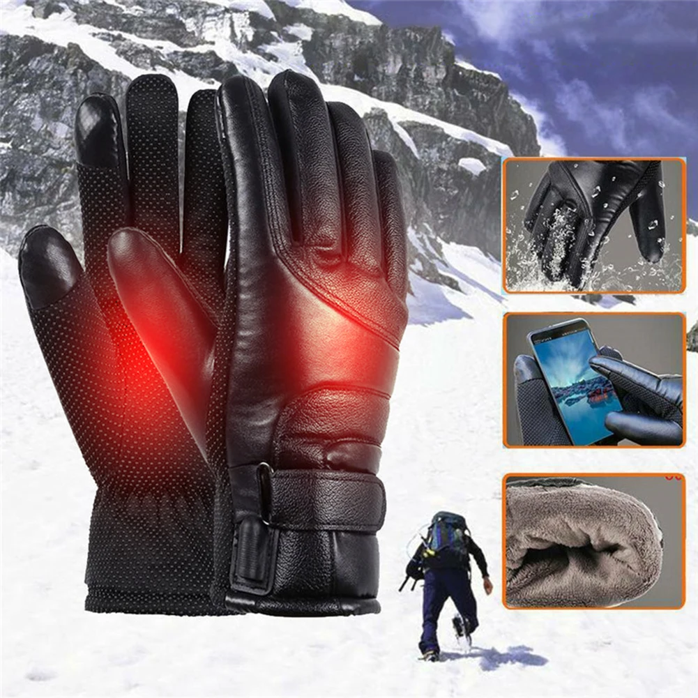 12V Heating Thermal Gloves Waterproof Motorcycle Winter Heated Gloves Thermal Windproof Bike Gloves PU Leather for Skiing Hiking