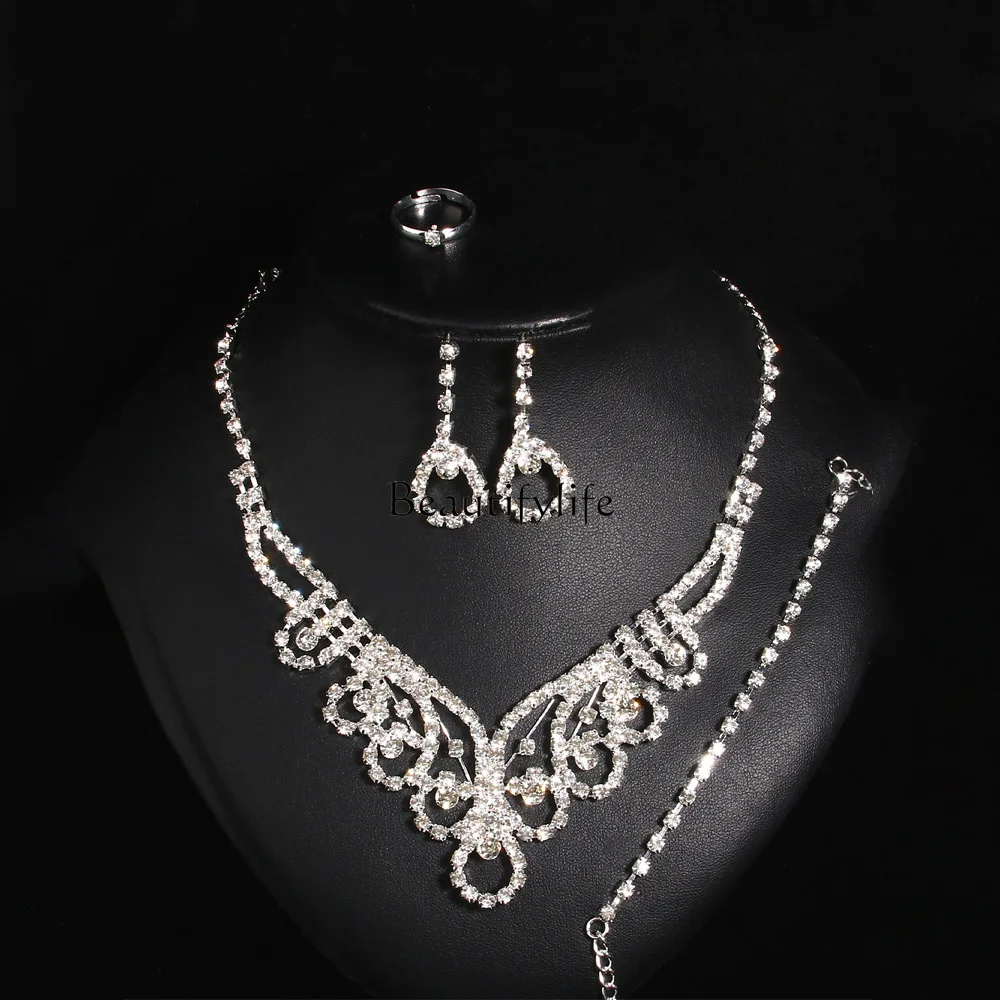 

Light Luxury Hollow Necklace Earrings European and American Bridal Wedding Rhinestones Fashion Dinner Accessories