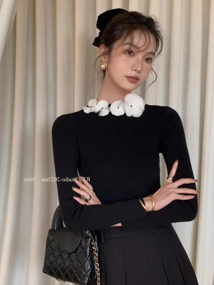 KUSAHIKI Elegant Flowers Stand Neck Slim Pullover Knitwear Tops 2024 Spring New Bottoming Women Knitted Sweater Sueter Mujer