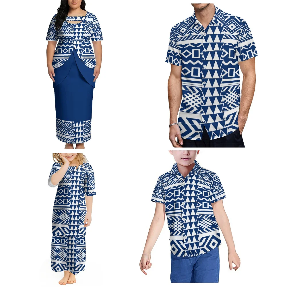 Novos Conjuntos Personalizados para Festas do Festival Samoa: Vestidos Puletasi para Mulheres, Camisas Masculinas e Roupas para Meninas e Meninos