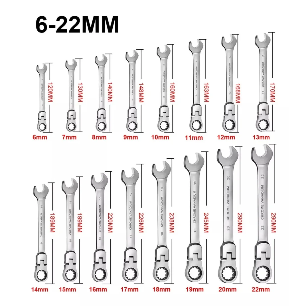 Flex-Head Ratcheting Wrench Set 16 pcs, Metric, 6-22mm, Cr-V Combination Wrench Sets, 72 Teeth Wrenches Set with Carrying Bag