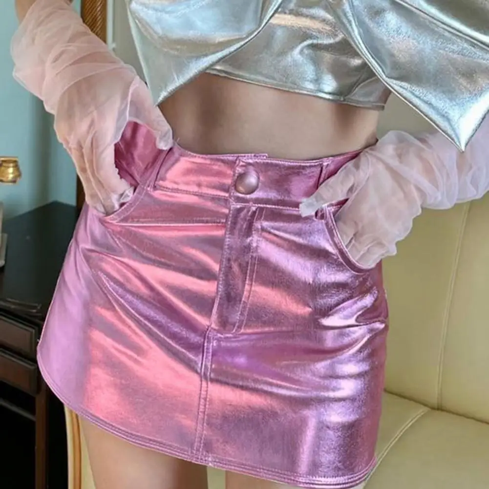 Pink Metallic Fashion Hot Girls Short Skirt Pockets Slim Fit Bright High Waist Korean Fashion Halfskirt Women Clothing