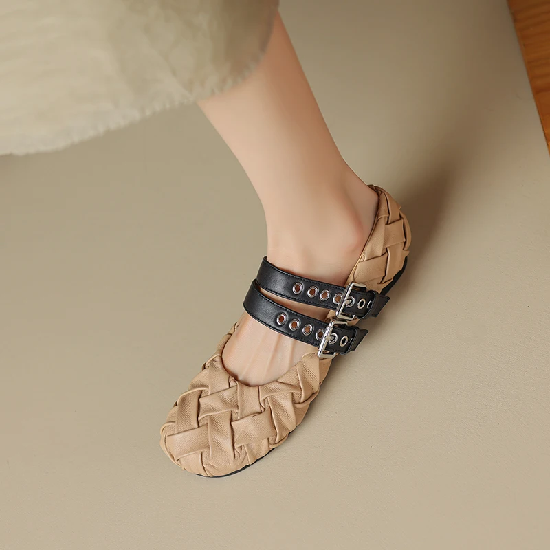 

Genuine Leather Ballet Shoes Round Toe Buckle Strap Ruched Woven Design Women Mary Janes Shoes Punk Womens Shoes