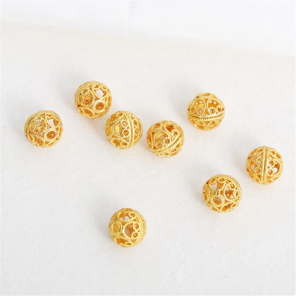 1PCS 18K Gold Color Retro Matte Gold Flower Ball Hollow Bead Bracelet Necklace, Loose Jewelry, DIY Accessories, 8mm