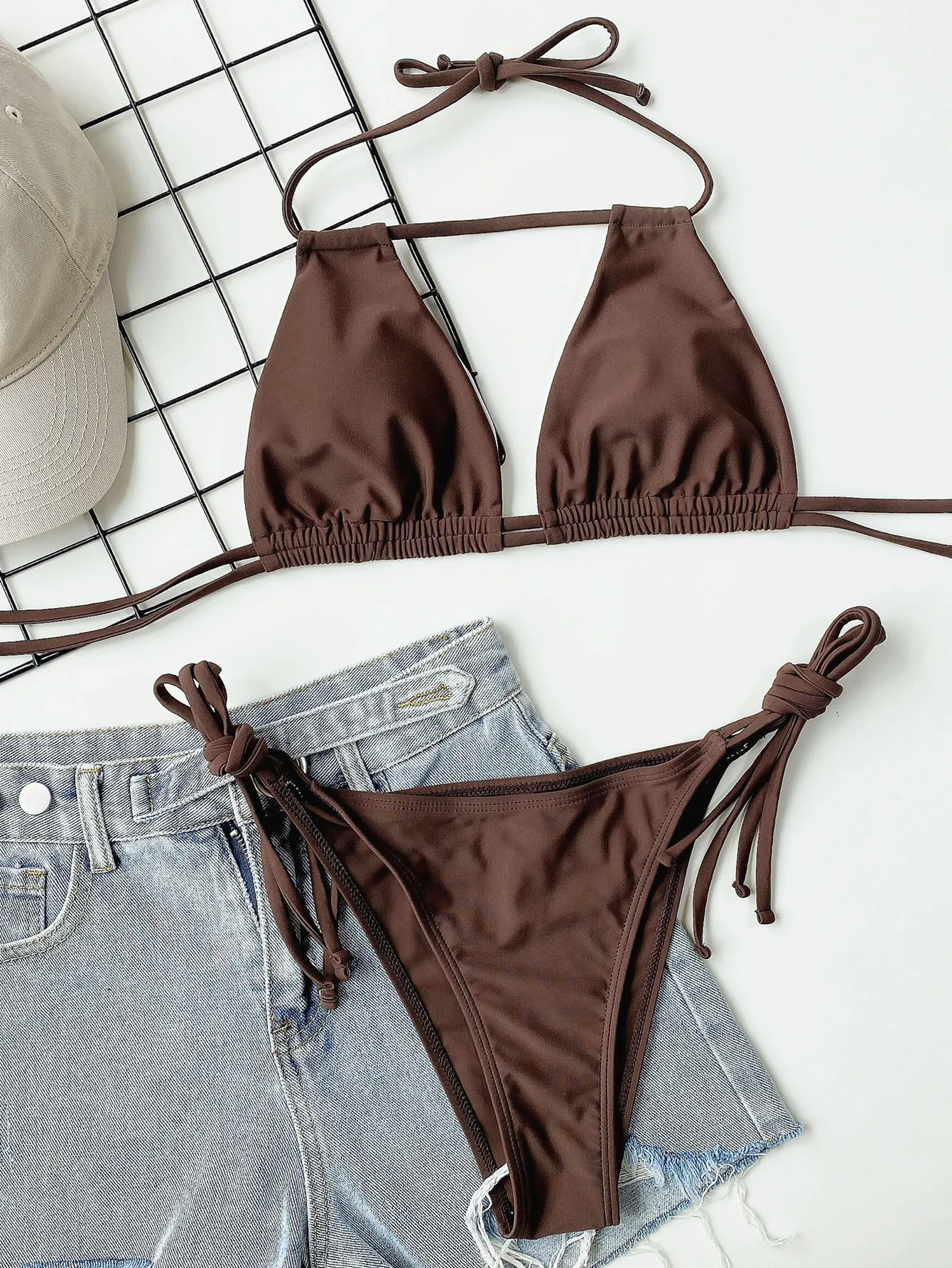 

Bikini Set Sexy Brown String Halter Micro Thong Lace-up Swimsuit Hollow Out Swimwear Women 2023 Biquinis Bathing Suit Bikini