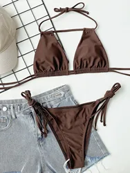 Bikini Set Sexy Brown String Halter Micro Thong Lace-up Swimsuit Hollow Out Swimwear Women 2023 Biquinis Bathing Suit Bikini