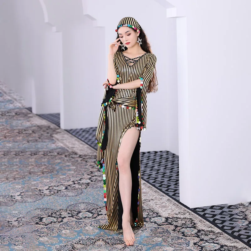 مجموعة الرقص الشرقي مكونة من 3 قطع مع لامع ذهبي ساخن ورقبة على شكل حرف v رداء بلدي شعبي سايدي قصب الرقص الشرقي زي الرقص الشرقي #5