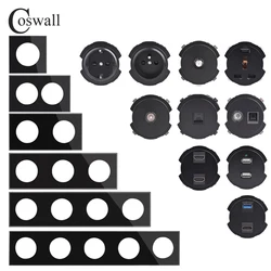 COSWALL R11 Black Glass Panel Wall Switch EU French Socket USB Charger Female TV RJ45 CAT6E  Modules DIY Free Combination