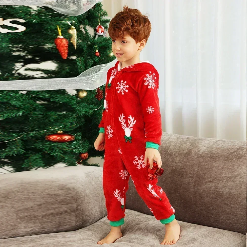 2024 Winter Children's Christmas Pajamas Baby Boys Girls Zipper Hooded Jumpsuit Warm Thick Flannel Romper Xmas Clothing