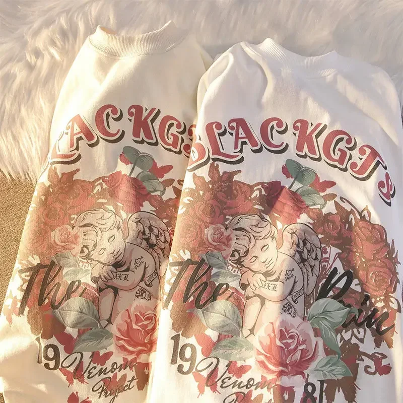 2024 American retro Rose Angel print short sleeve T-shirt for men and women loose and versatile fashion clothes ins y2k top
