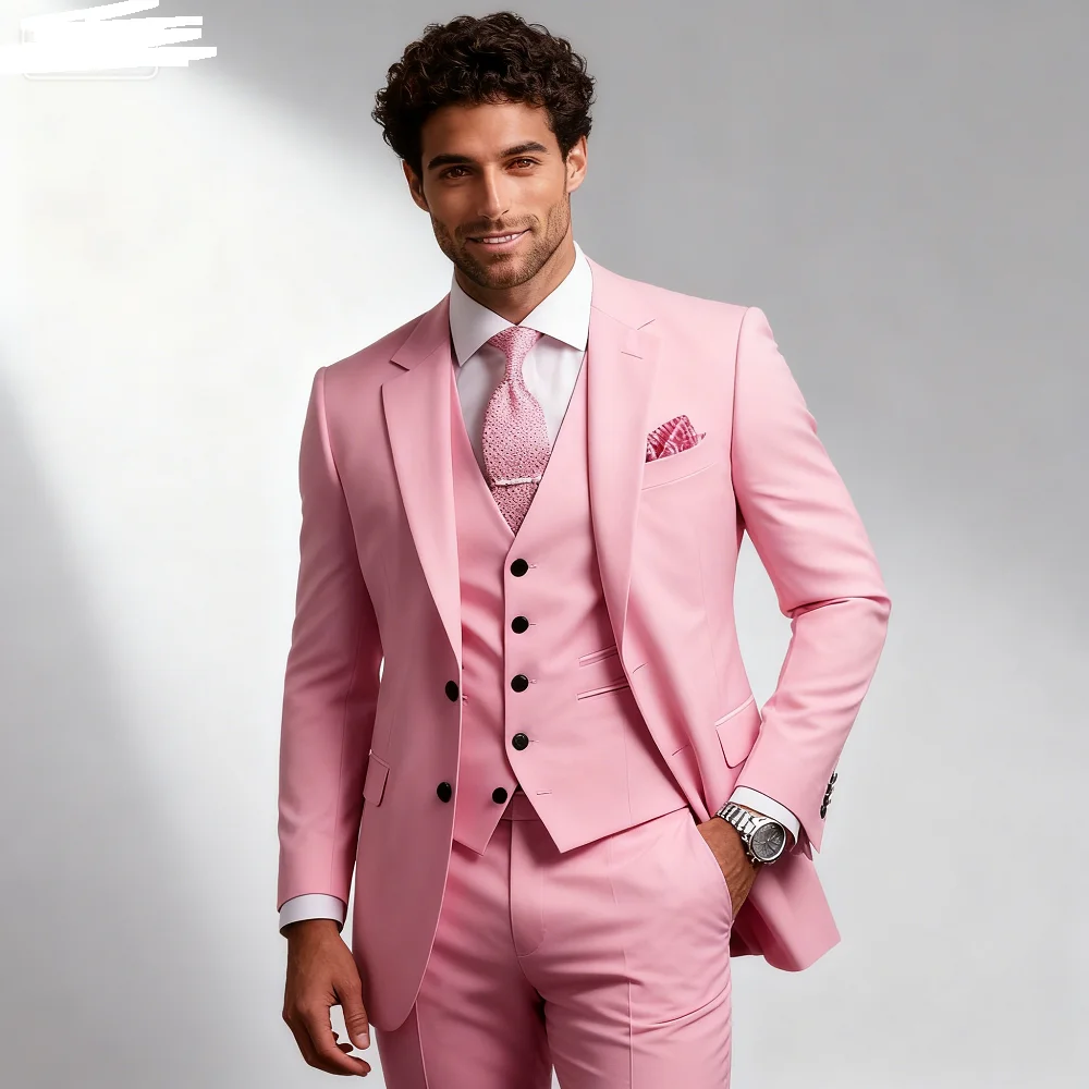 

Men's 3 Piece Pink Slim Fit Tuxedo Suit with Pants And Vest Classic Plain Color Wedding Groom Custom Outfit