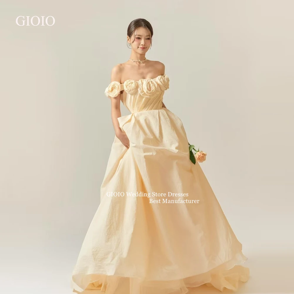 

GIOIO Elegant Sweet Beige Off Shoulder Floral Puffy Dress Cotton Wedding Evening Gown 웨딩드레스 Korean Photo Customized Bridal Gown