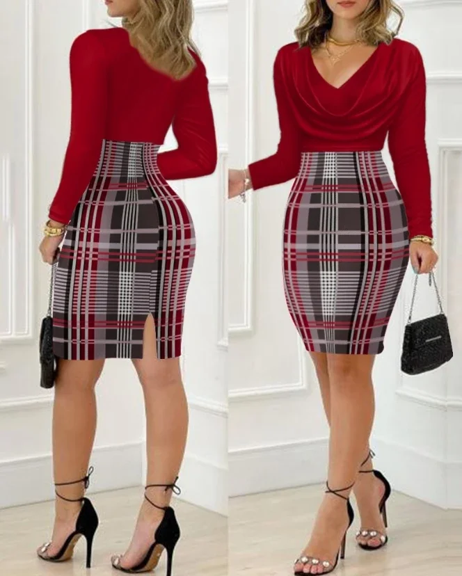 

Sets for Women 2 Pieces 2025 Spring Fashion Colorblock Cowl Neck Long Sleeve Top & Casual Plaid Print Skinny Slit Skirt Sets