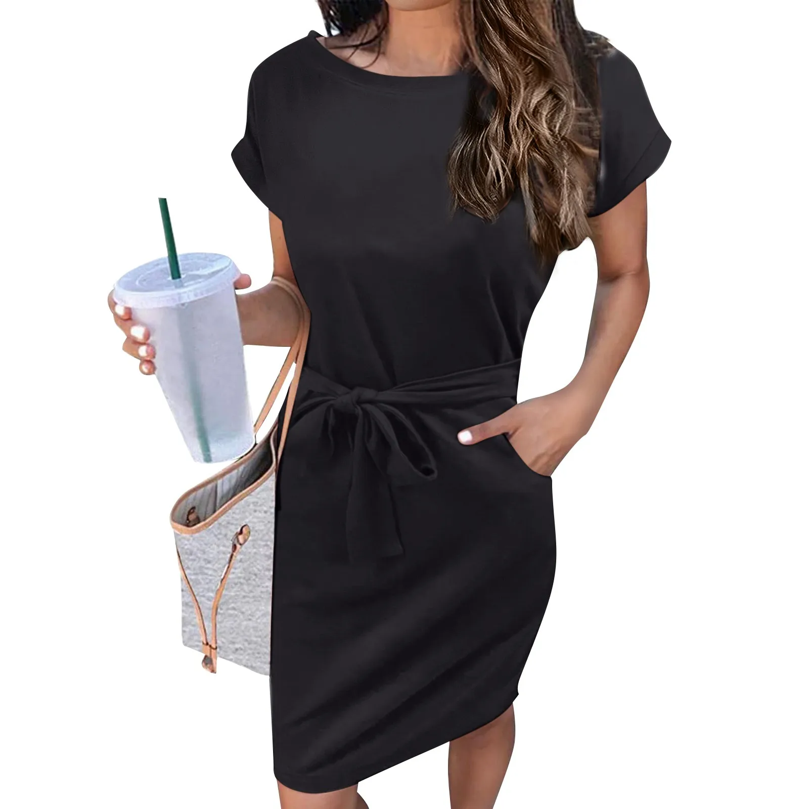 

Women's Elegant Solid Color Dress Fashion Sexy Round Neck Holiday Elegant Dresses Short Sleeve Belted Party Dresses Vestidos