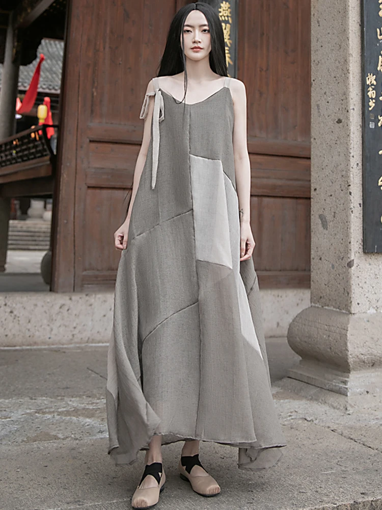

Women Summer Holiday Casual Dress New Arrival 2025 Vintage Style V-neck Patchwork Color Loose Female A-line Long Dresses M831