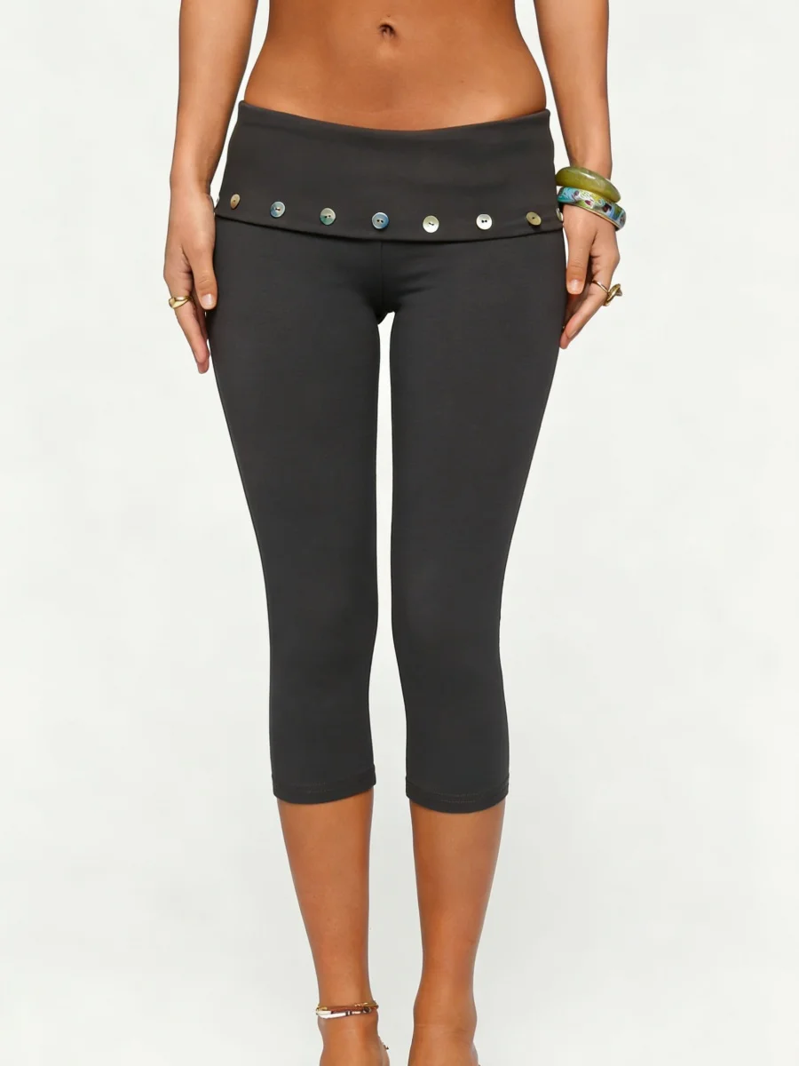 

Женские брюки-капри Y2K с отворотным поясом, низкой посадкой, декоративными пуговицами, облегающие, эластичные, для йоги