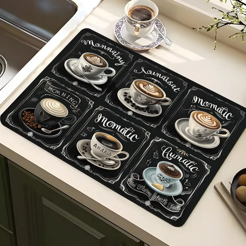 Vintage Coffee Shop Printed Absorbent Drain Mat Super Antiskid Quick Dry Modern Kitchen Counter Coffee Dish Drying Pad