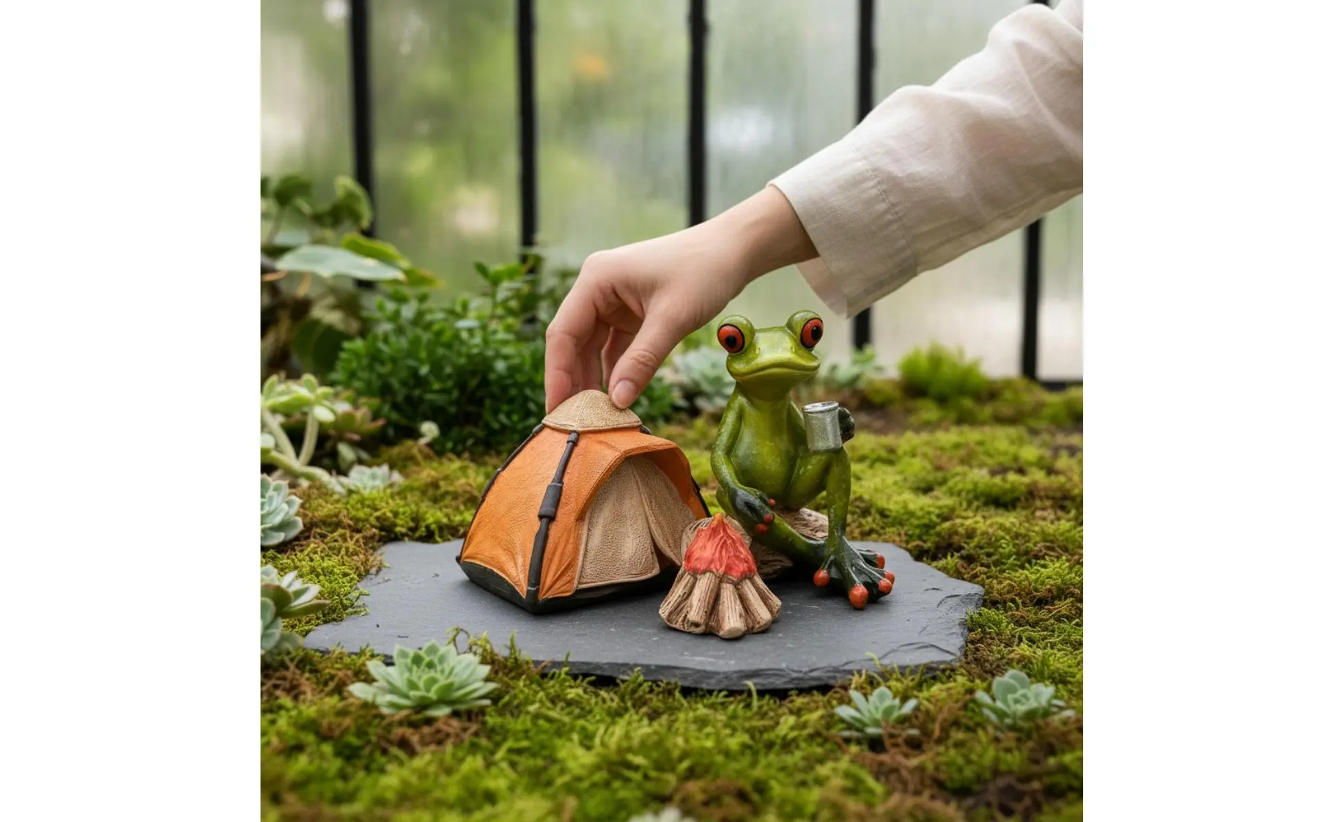 Resin Frog Statue with Tent Novelty Design Camping Frog Figurine House Decoration Detailed Craftsmanship Handmade for Shelf