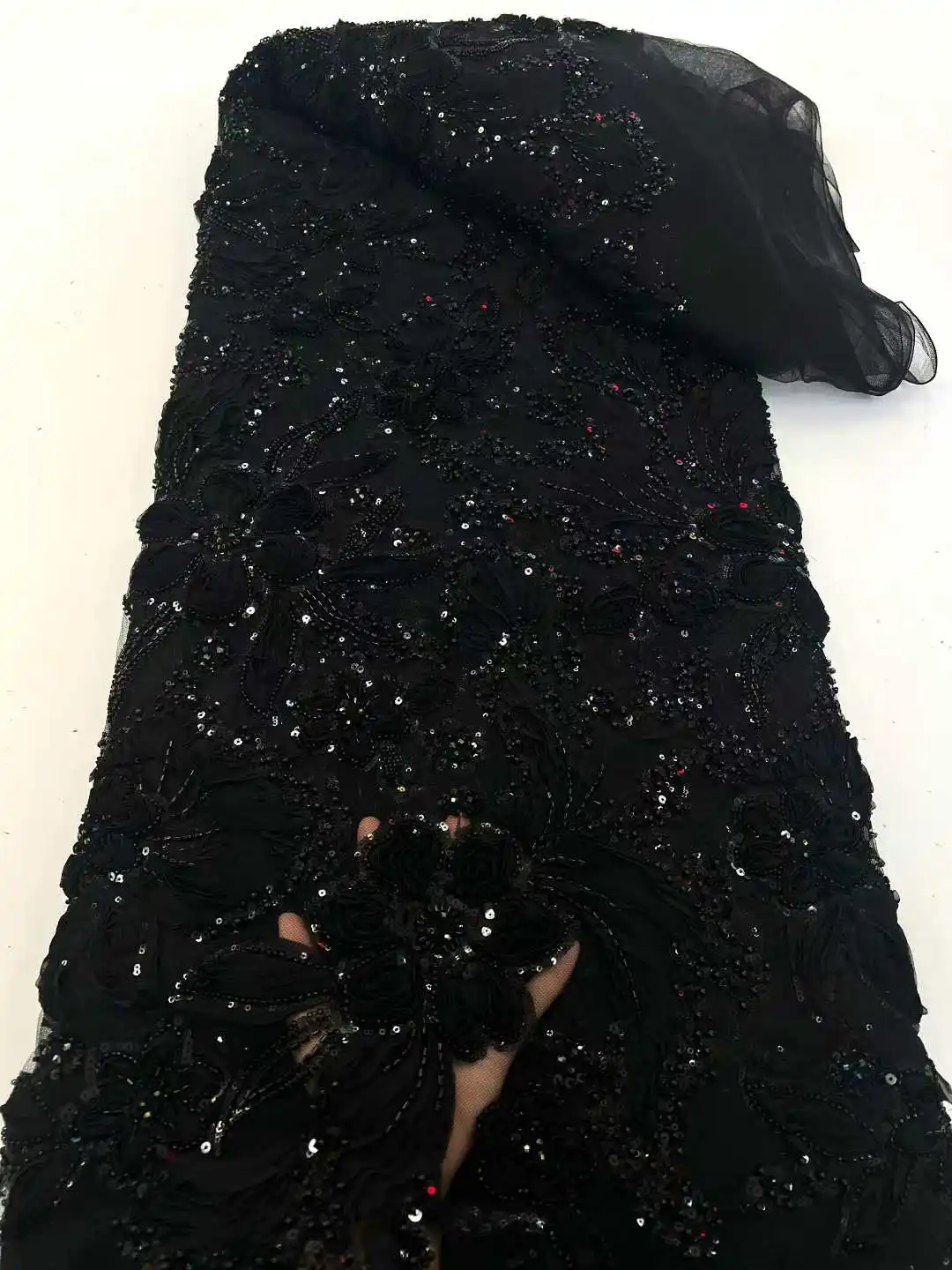 

Black Luxury African Handmade Heavy Beaded Lace Fabric High Quality French Sequin Tulle Lace for Wedding Dresses XC58HN-25