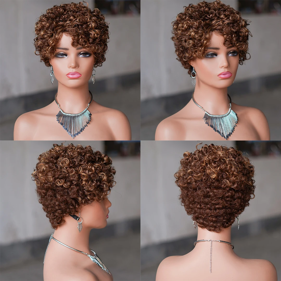 99J Red Rose Curly Short Bob Pixie Cut Human Hair Wig, #27 #4 Ombre Brown