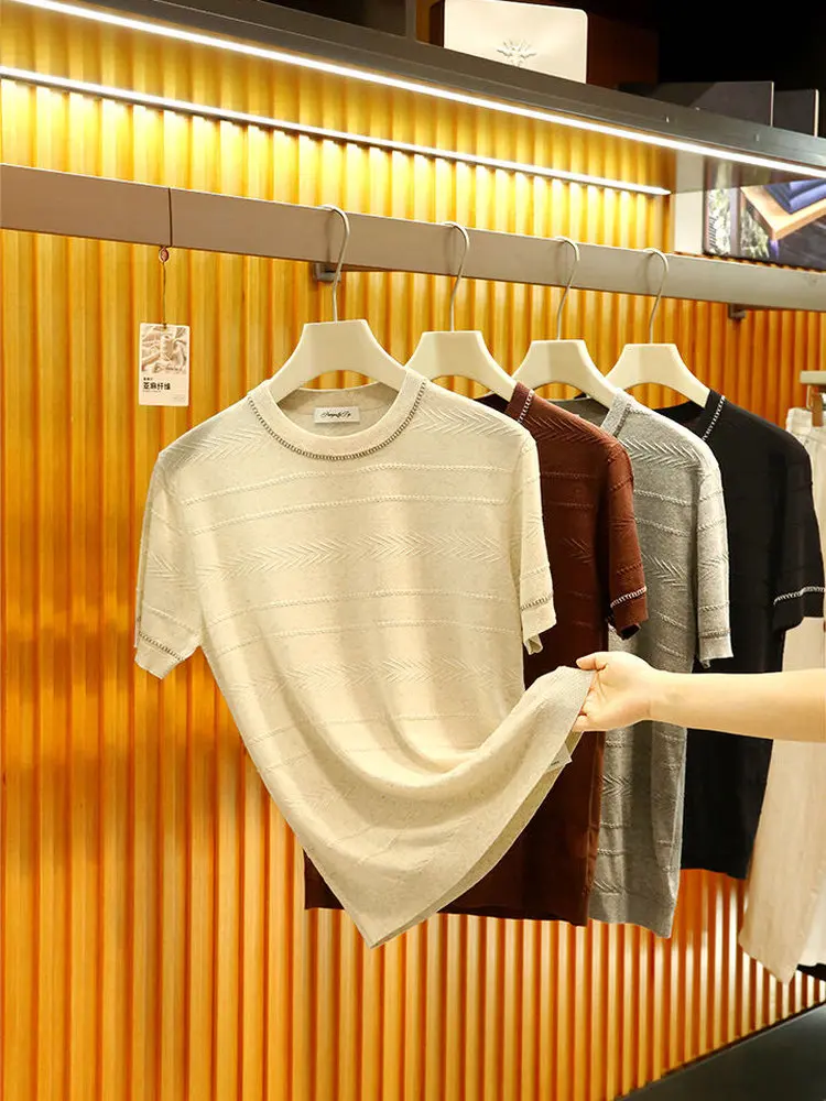 Retro Style Men's Short Sleeve T-Shirt Knitted Linen-Like Texture Contrast Color Summer Top Breathable Comfortable round Neck