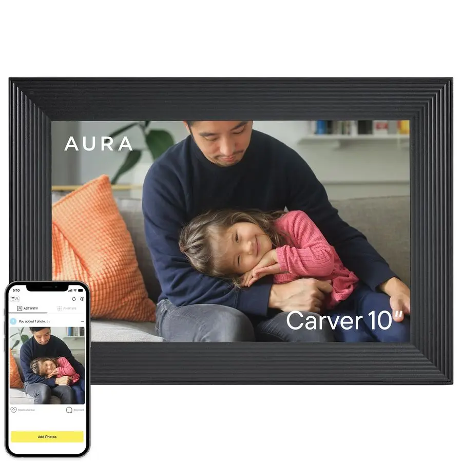 إطار صورة رقمي Carver HD WiFi، 10.1، أضف صورًا مع تطبيق Aura، قواطع أسلاك تخزين مجانية غير محدودة لأفضل P الرقمية