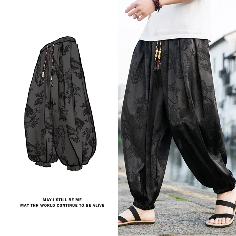 Hot sales Pants Men 2024 New Ice Silk Dragon Dark Flower Bloomers Loose Fashion Wide Leg Casual High Quality Male Trousers Brand