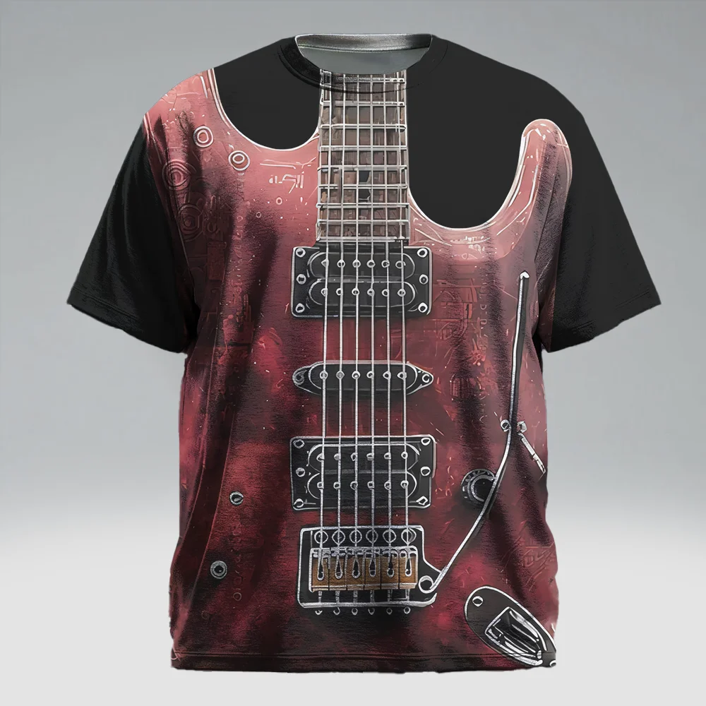 

Мужская футболка с коротким рукавом больших размеров S-9xl: гладкие гитарные принты Music-Vibe Chic, устойчивая к морщинам, идеально подходит для повседневного использования