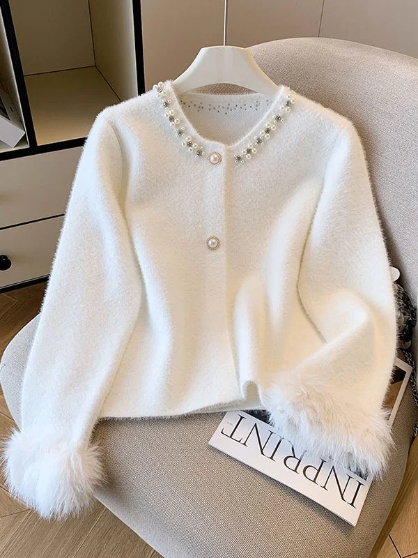 Chic Knitted Open Cardigan Women's round Neck Long Sleeve Sweater Outerwear Elegant Pearl Embellished Self-Keeping Style for ...