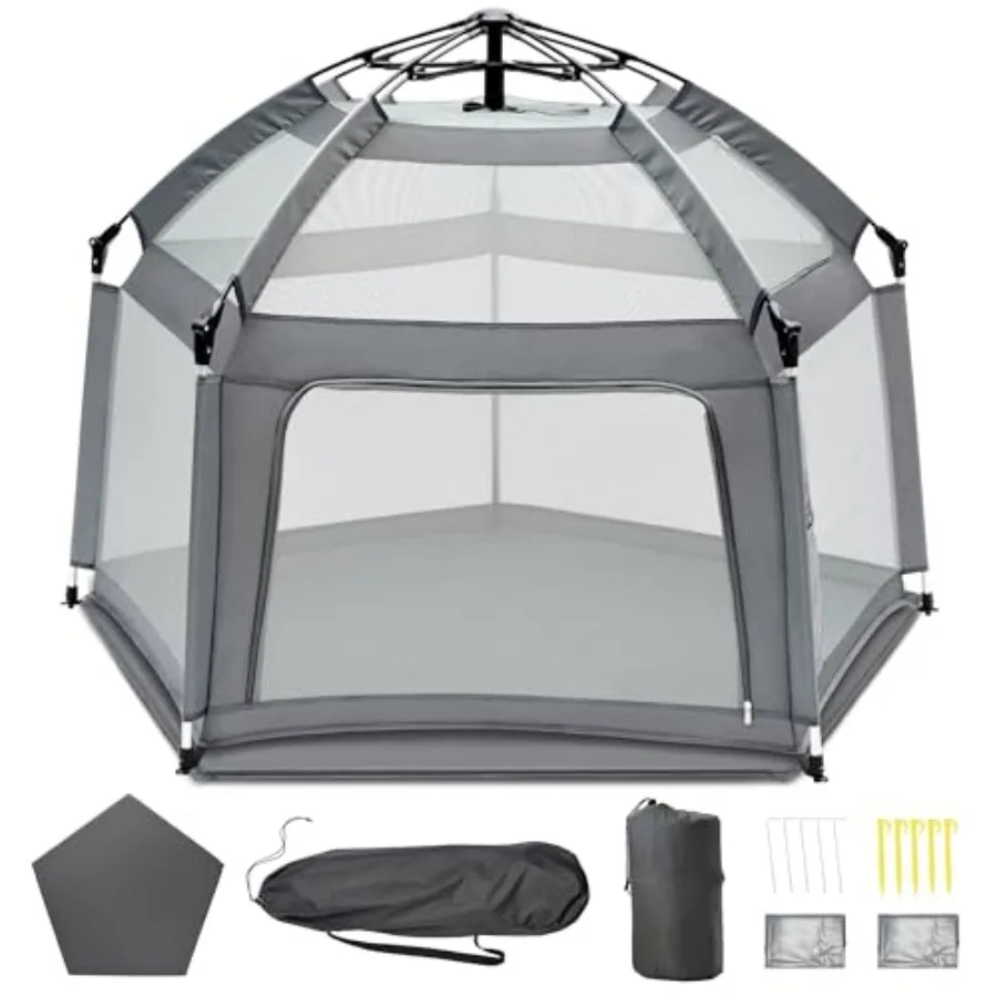 

Portable Outdoor Playpen for Babies and Toddlers with Self-Inflating Play Mat and Travel Bag Foldable Pop Up Play Tent in Grey