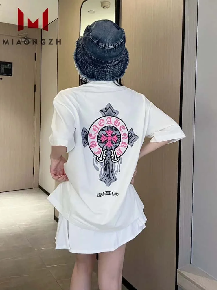 

High Quality Fashion Printing Women's Luxury Loose T-shirt O Neck Short Sleeve Temperament Contrast Color Female Summer New Tops