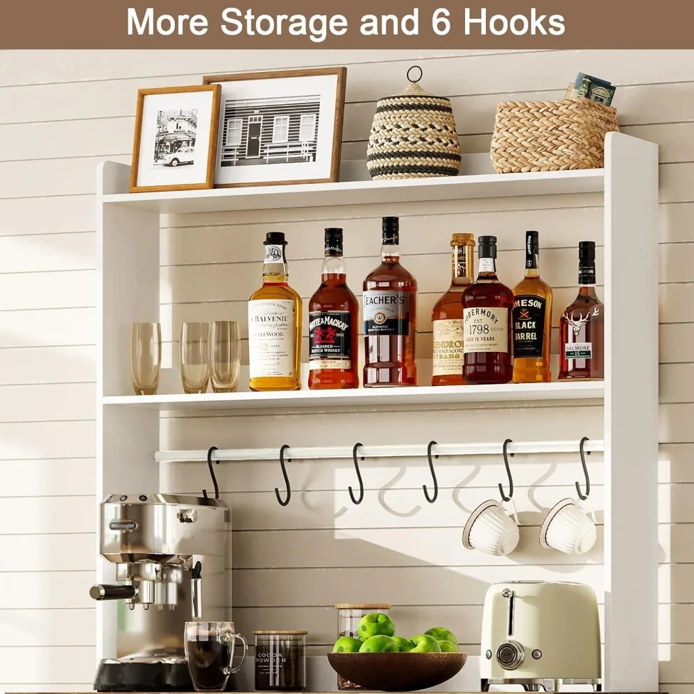 Farmhouse Bakers Rack with Power Outlets and Storage, Coffee Bar Cabinet with Storage, Microwave Stand Kitchen Cabinet