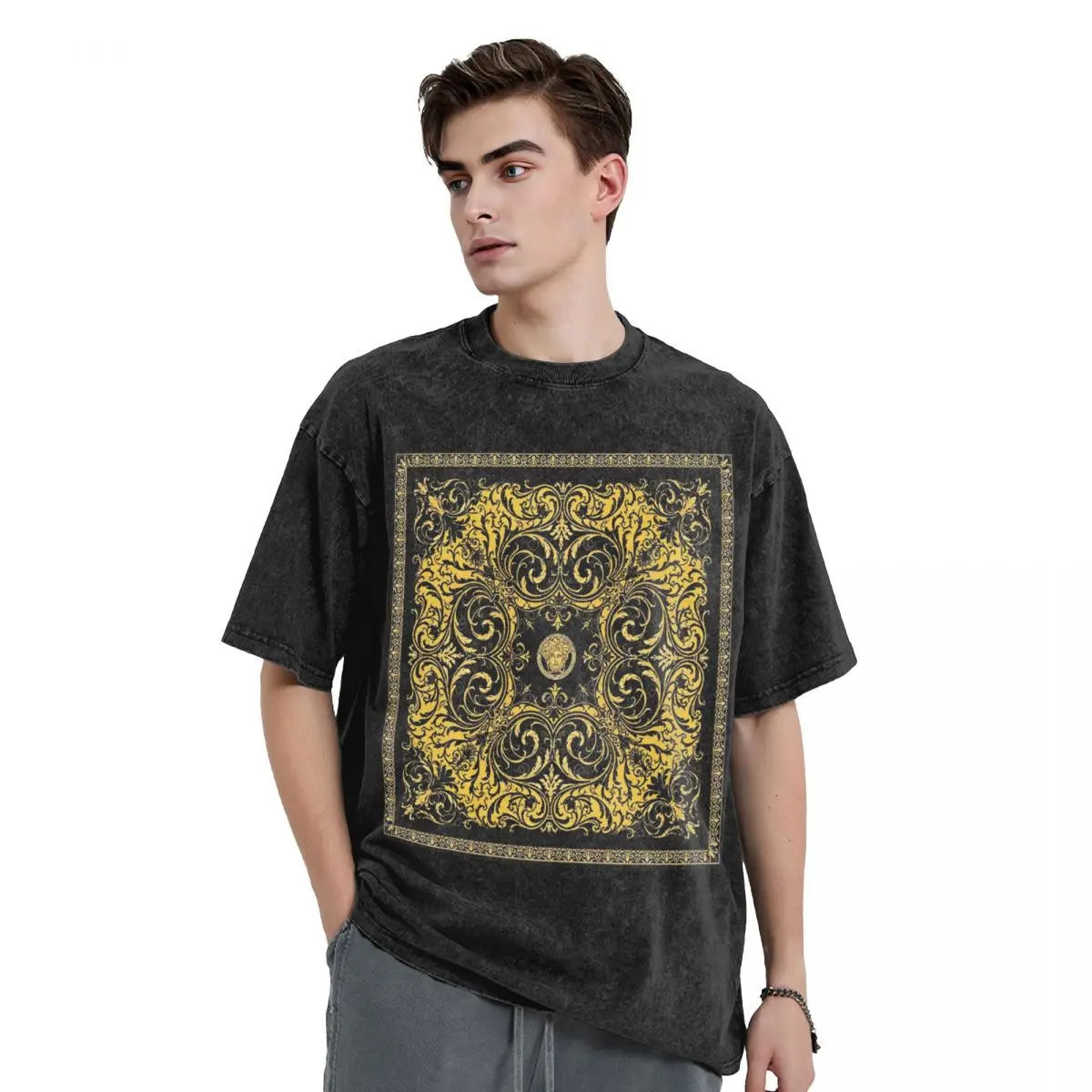 Decorative Golden Medallion Baroque Washed T Shirts Oversized Short Sleeve Hip Hop T-Shirt Streetwear Tops Tees