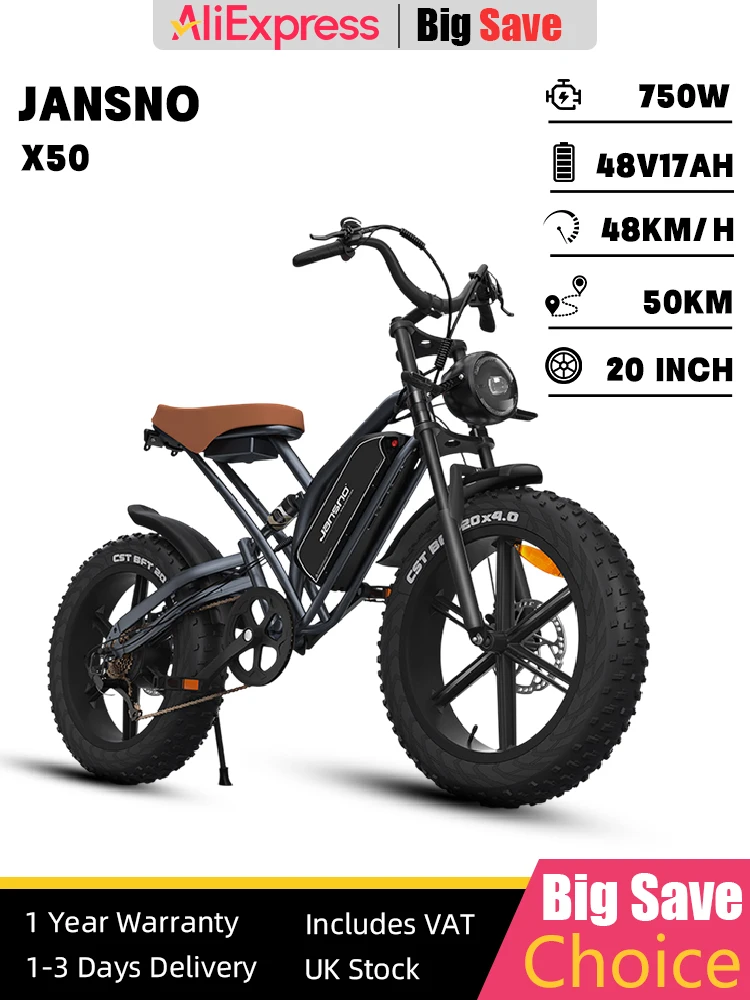 AliExpress JANSNO X50 Electric Bike 750W Motor 48V 17AH Lithium Battery 20*4.0 Inch Fat Tire E-bike Adult Mountain Snow Electric Bicycle